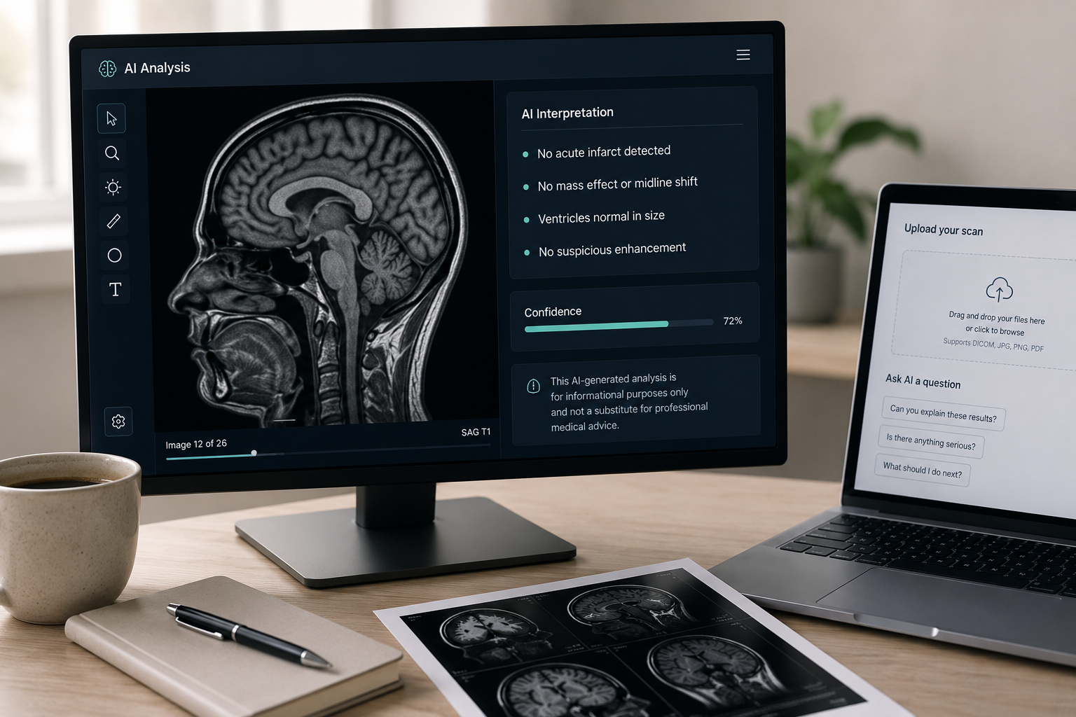 AI interface overlaid on an MRI brain scan