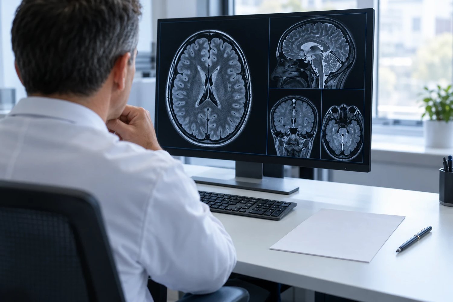 A consultant radiologist studying a brain MRI on a reporting workstation, with the original written report lying face down and unread on the desk