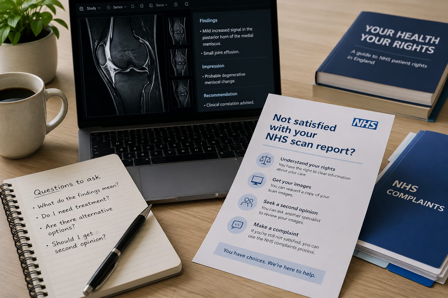 A patient at home reviewing a printed NHS radiology report with a concerned expression while considering their options